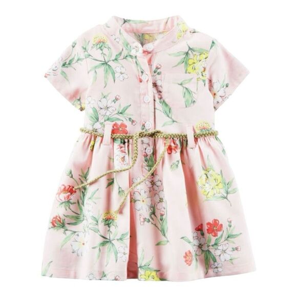 Baby Girls Carters Pink Spring Floral Tie Waist Dress - Sz 9 mo - Picture 1 of 2
